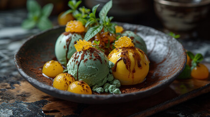 A Dessert Of Matcha Truffles with an Orange Coulis On Blurry Background