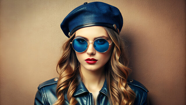 Fashion portrait of beautiful young woman in black leather beret cap, denim blouse and blue retro sunglasses