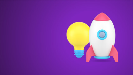 Poster - Startup business innovation idea launching spaceship illuminated light bulb 3d icon vector