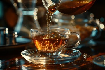 Pouring brown tea into glass cup, pouring black tea from teapot, aromatic hot tonic beverage closeup
