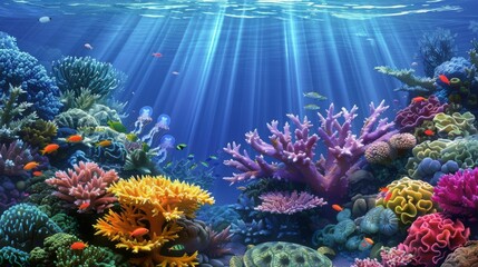 Wall Mural - A colorful coral reef with many fish swimming around