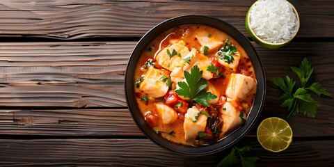 Wall Mural - Brazilian Fish Stew Recipe with White Fish, Sweet Pepper, Lime, Tomatoes, and Coconut Milk. Concept Recipes, Brazilian Cuisine, Fish Stew, Cooking Techniques