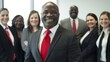 © MD Media - a group of diverse business people smiling and standing in front of the camera, african american man wearing black suit with red