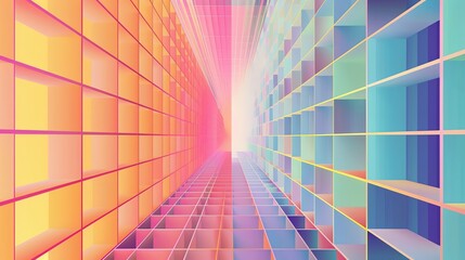 Poster - An abstract, colorful perspective of a gridded space that appears to stretch infinitely.