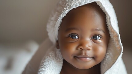 Wall Mural - A close-up of a baby girl wrapped in a white towel, looking at the camera with a sweet smile.