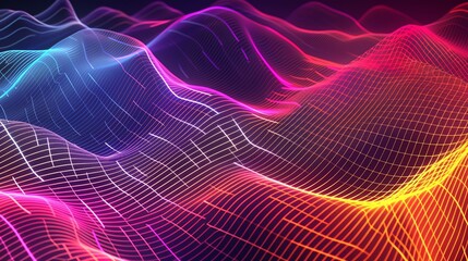 Poster - abstract digital background with neon grid and glowing particles.