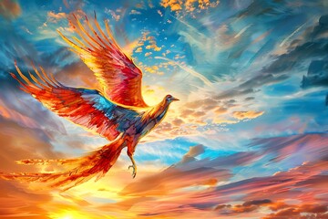 Wall Mural - A majestic phoenix soaring across a sunset sky painted in vibrant hues