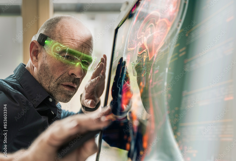 Focused doctor analyzing human brain function with help of AI ...