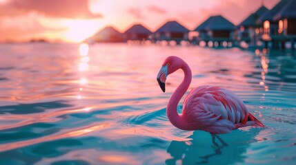 Stunning Pink Flamingo at Sunset in Tropical Paradise, Generative AI