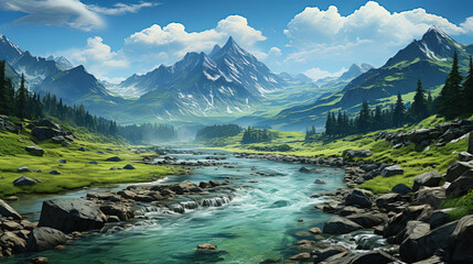 Wall Mural - Aerial View Of A Beautiful River Flowing During At A Sunrise Landscape Background