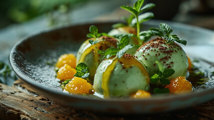 A Minimalistic Contemporary Gourmet Food A Dessert Of Matcha Truffles with an Orange Coulis On Blurry Background