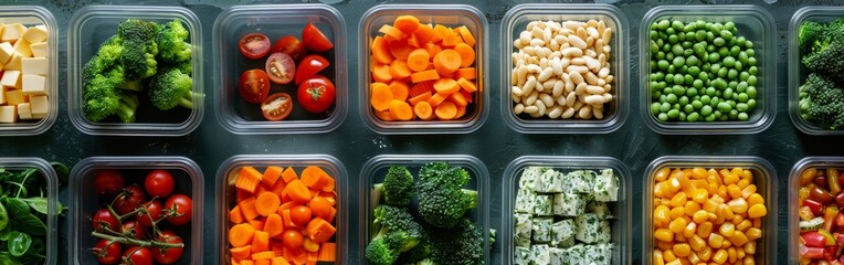 Top view of various types of fresh vegetables stored in transparent plastic containers
