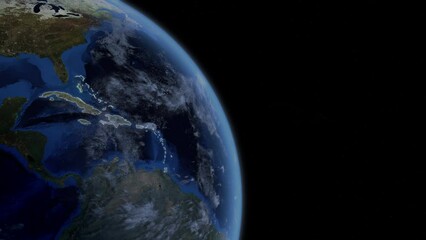 Fly Zoom into Caribbean, west indies, through space to see the country map region from above from space. Detailed map Showing area, HD and 4K. Animation.
