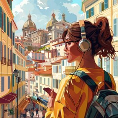  A young woman studying investment strategies while traveling in a bustling European city, vibrant colors and detailed architecture, capturing a sense of adventure and learning
