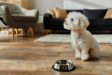 Wall Mural - Small white dog, bichon frise, sits by water bowl.