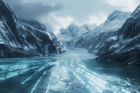 A river flowing from a glacier with ice turning into flowing binary code. 