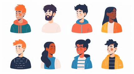 Wall Mural - modern hipster cartoon avatars with different hairstyles and clothing on a white background. Flat design illustrations for social media profiles and digital content