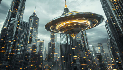 Sticker - a futuristic cityscape with many buildings and a large number of spaceships by ai generated image