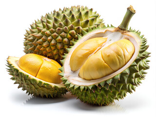 Wall Mural - Durian fruit and ripe durian cut in half with pulp on white background, Selective focus, Clipping path