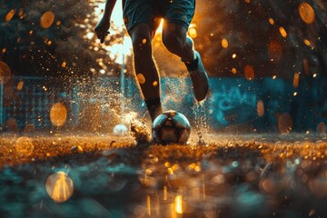 Wall Mural - A person kicks a soccer ball on a grassy field, possibly during a game or practice