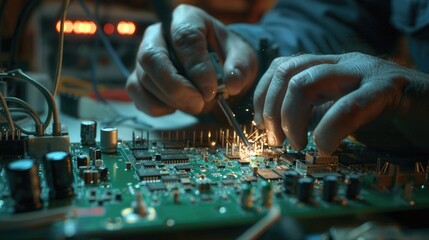 Poster - a person sits in front of a circuit board, assembling and testing its components