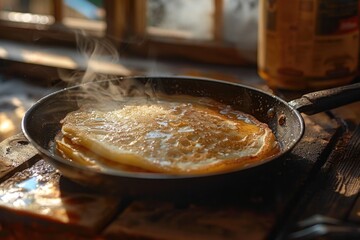 Poster - A frying pan filled with various dishes, placed on a wooden table