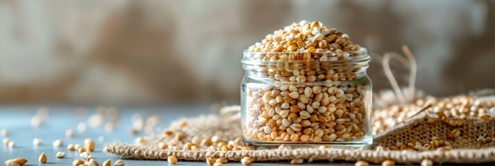 Wall Mural - Raw green buckwheat sprouted cereals, green buck wheat grains in jar, uncooked kasha sprouts heap