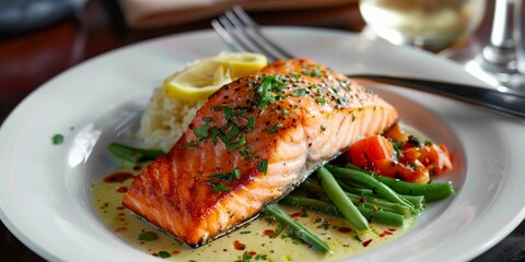 Wall Mural - A prepared salmon steak garnished with herbs and lemon on a white plate.