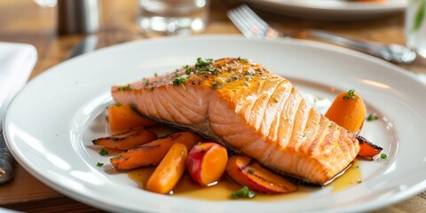 Wall Mural - Grilled salmon with roasted carrots, a protein-rich lunch option.