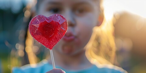 Wall Mural - A lovely young girl holds a heart-shaped lollipop.