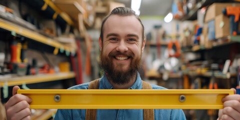 A skilled craftsman joyfully finds tools in his woodworking shop, embracing his craft.