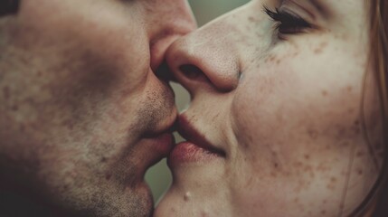 Wall Mural - A close-up shot of two people sharing a romantic kiss