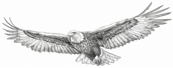 A line art drawing of a majestic eagle soaring through the sky, its wings outstretched as it surveys the landscape below.