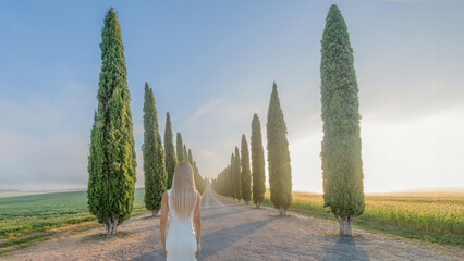 Wall Mural - A blonde haired woman stands by a row of Cypress trees in Tuscany, Italy 