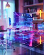 © wpw - Modern holographic office desk with digital devices for business Futuristic workspace concept with hologram technology and digital screens