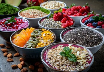 An assortment of colorful smoothie bowls with various toppings like nuts, seeds, and fresh fruits, illustrating the concept of healthy eating