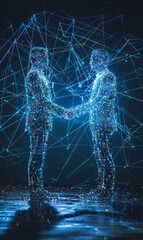 Wall Mural - A conceptual digital illustration of a holographic projection representing a business partnership, symbolizing collaboration in the digital age