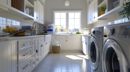 Wall Mural - A modern kitchen with a washer and dryer installed, suitable for various editorial or advertising uses