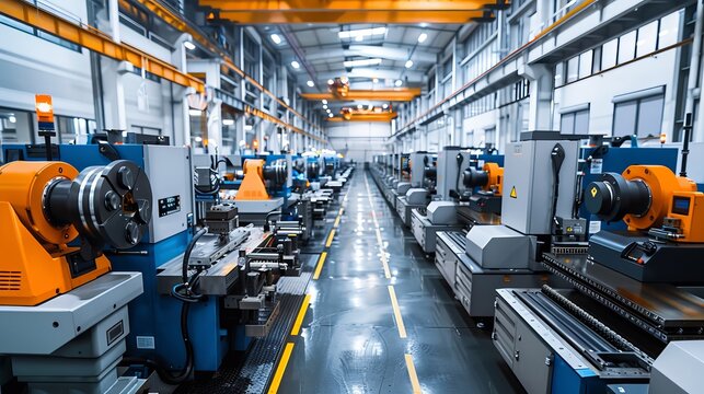 A bustling automotive parts manufacturing plant with CNC machines and quality control stations 