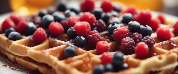 Wall Mural - honey waffle made with delicious seasonal fruits, on the restaurant table