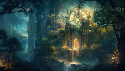 Wall Mural - a fantasy scene with a castle and a clock tower by ai generated image