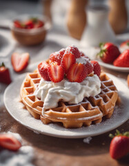 Wall Mural - A dynamic composition of a Belgian waffle with whipped cream, strawberries and a dusting of powdered chocolate.