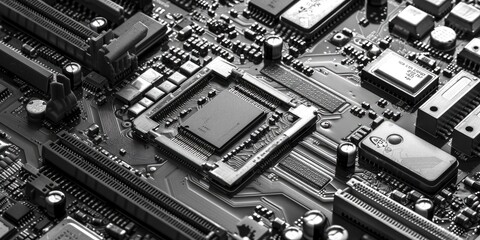 Poster - Close-up shot of a computer motherboard with various components and wires visible