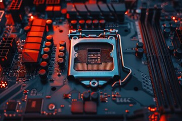Poster - A detailed view of a computer motherboard with various components and circuitry