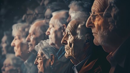 A group of elderly people are sitting in a row. They are all looking in the same direction. The people are all wearing different clothes.