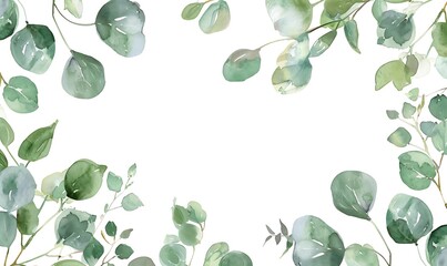Wall Mural - Herbal Eucalyptus Border: Isolated Background, Minimalist Watercolor Wedding Invitation Frame