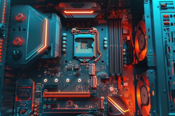 Poster - A detailed view of a computer motherboard, showing its internal components