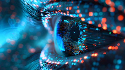 Poster - The eye of the world peers into the complexity of digital ethics, where artificial intelligence and coding intertwine in a futuristic landscape of data and technology.