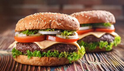 Wall Mural - Delicious beef hamburger. Tasty fast food. American cuisine. Cooking and culinary concept.