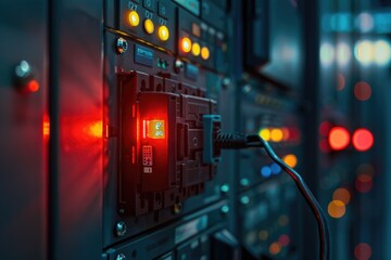 Poster - A close-up view of a red light indicator on a switch, suitable for use in technology or electronics-related contexts